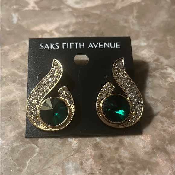 Saks Fifth Avenue Gold Earrings with Green Accents - Picture 1 of 3